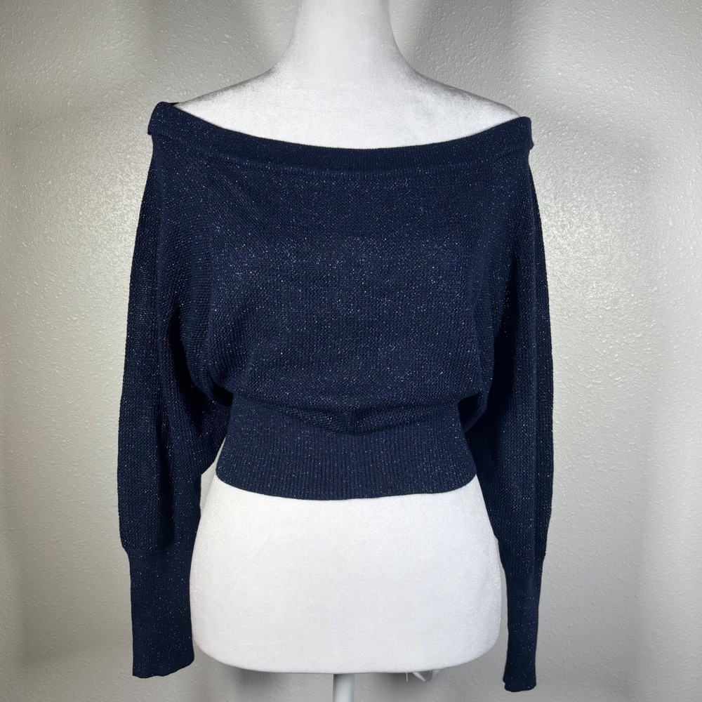 Navy Blue Metallic Off The Shoulder Dolman Sleeve Shimmer Sweater XS Express